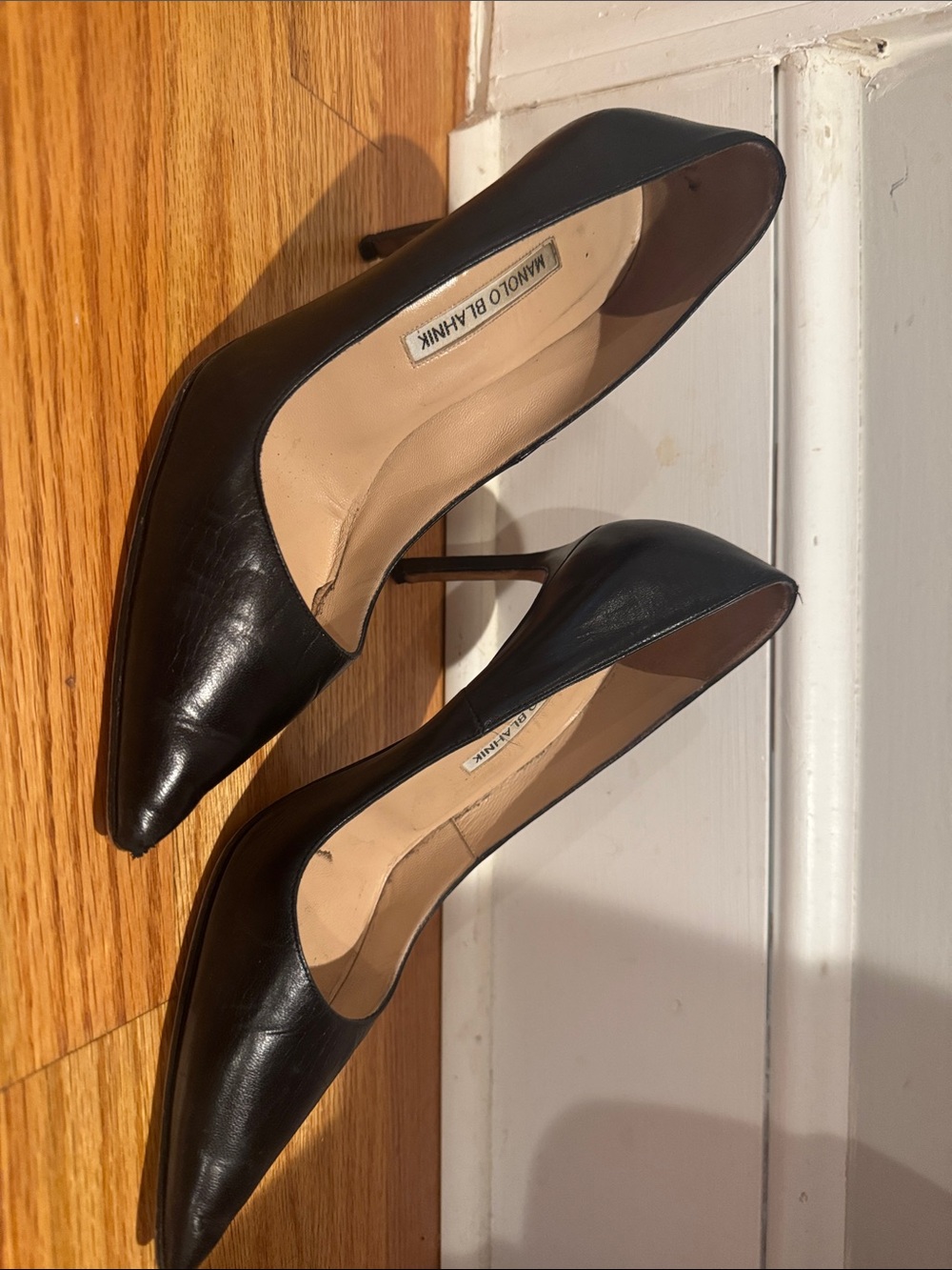 Manolo Blahnik Black Pointed-Toe Leather Stiletto Pumps
